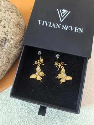 Rhinestone Gold Plate Butterfly Drop Earrings