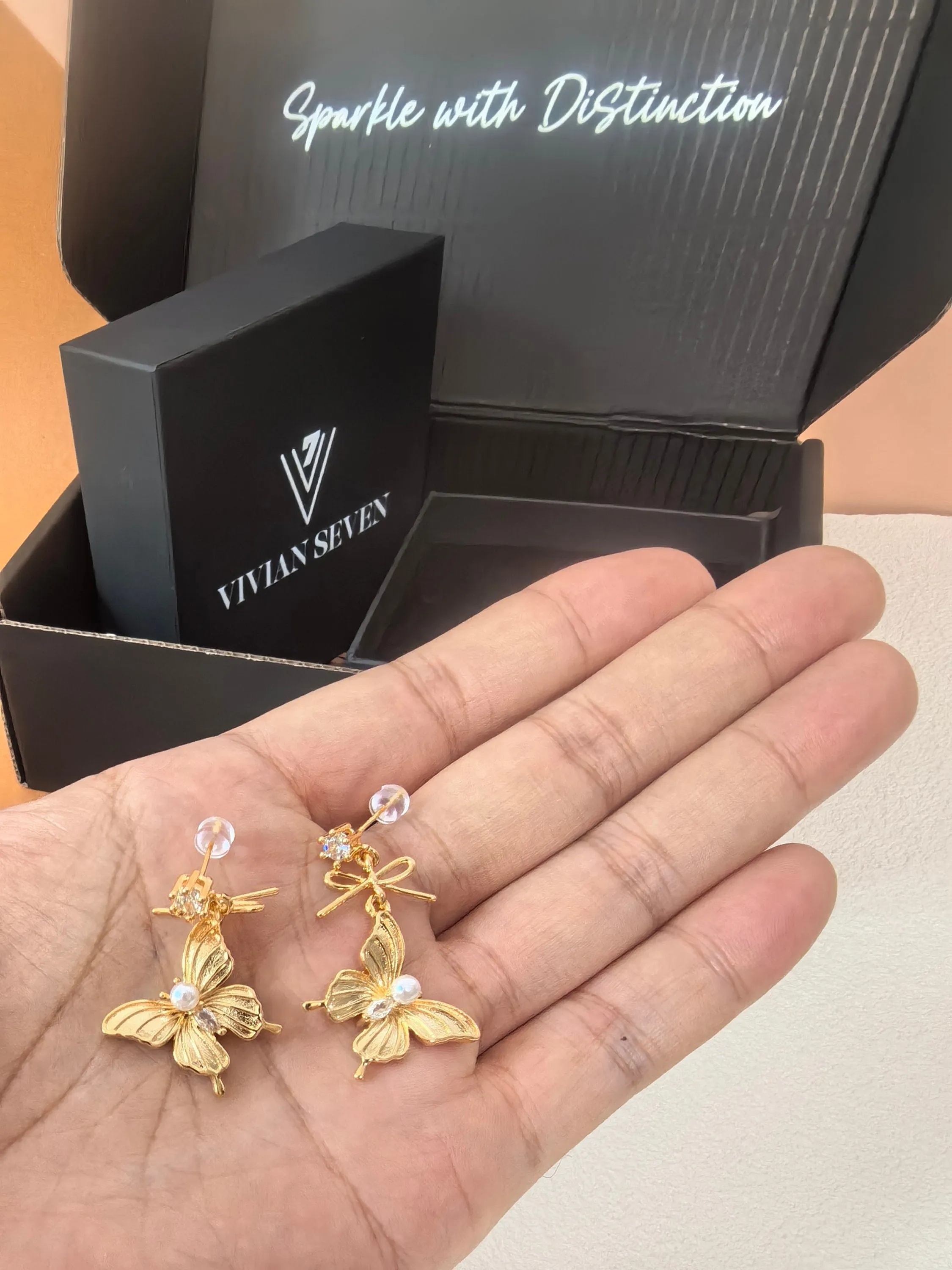 Rhinestone Gold Plate Butterfly Drop Earrings