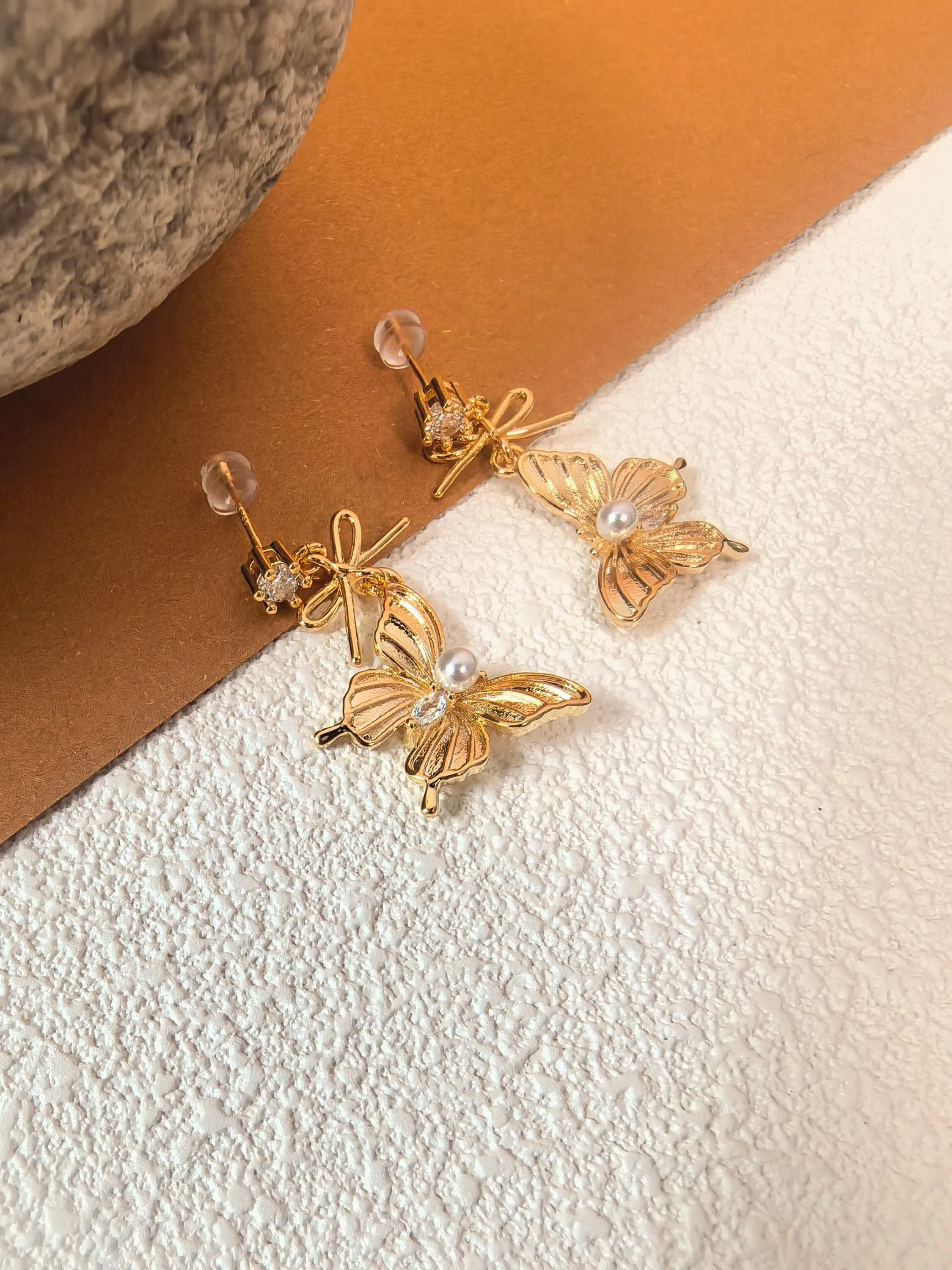 Rhinestone Gold Plate Butterfly Drop Earrings