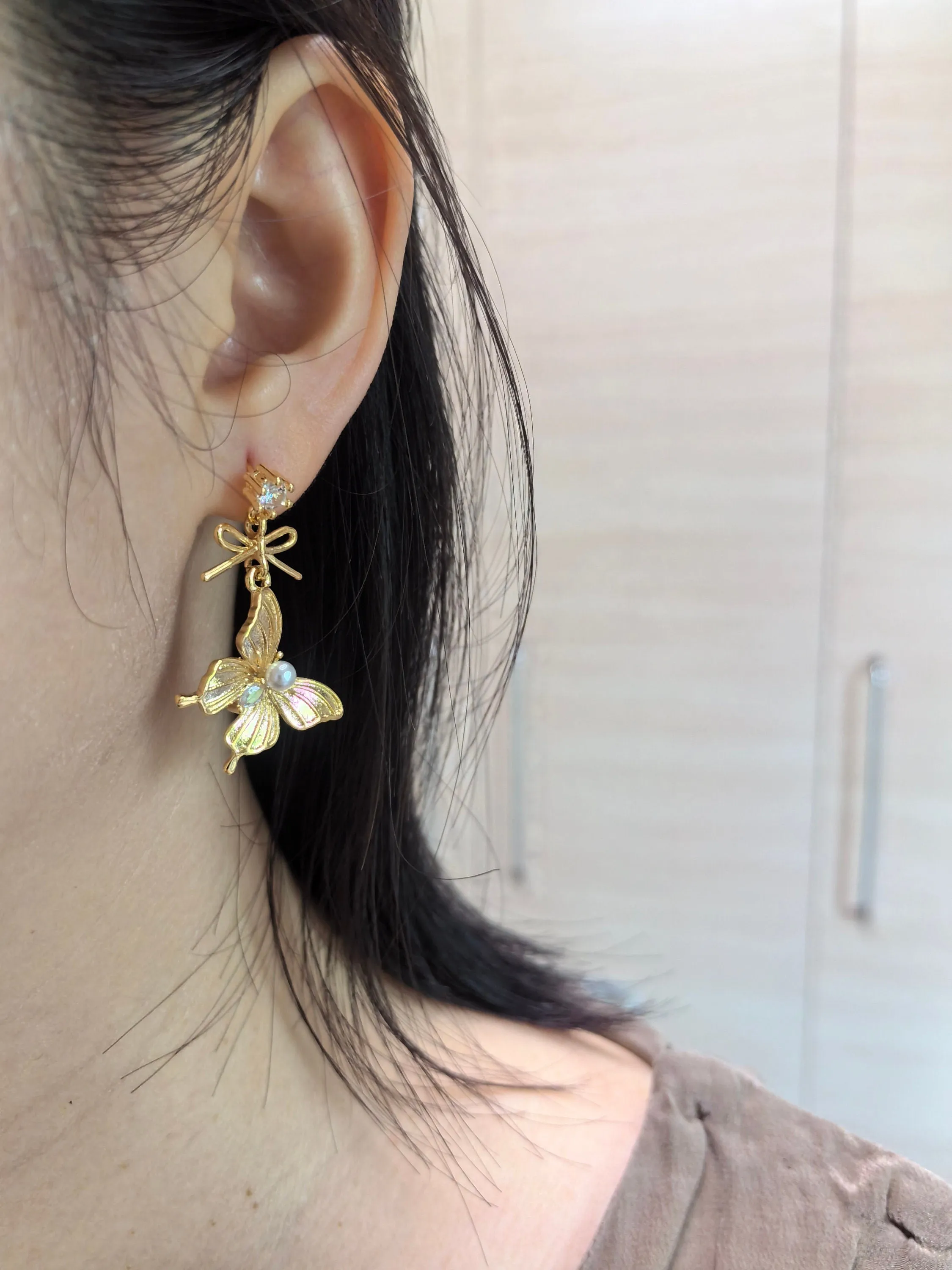 Rhinestone Gold Plate Butterfly Drop Earrings