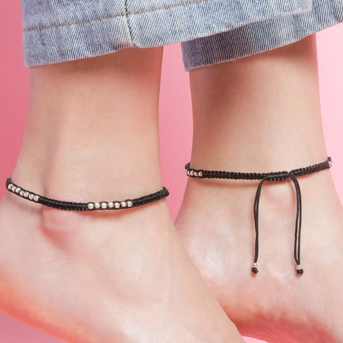 Rhodium Plated Beaded 925 Sterling Silver Thread Anklet
