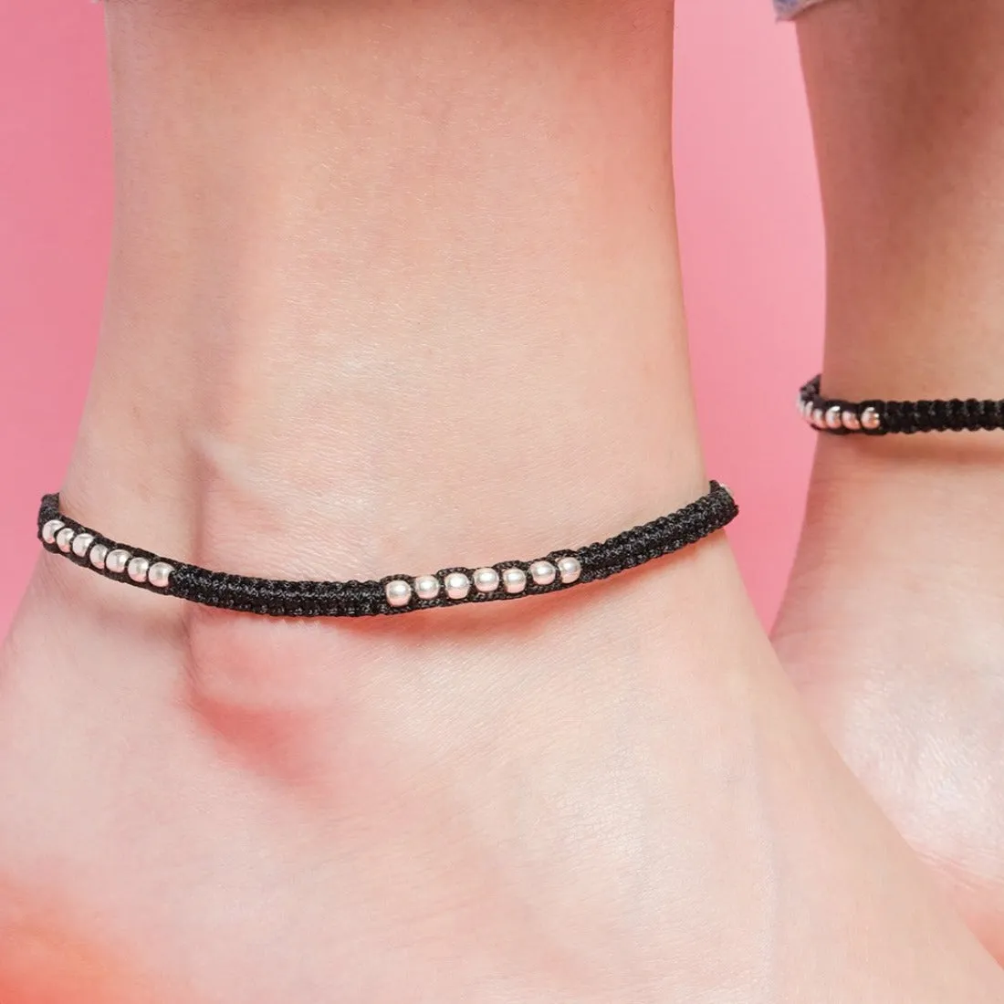 Rhodium Plated Beaded 925 Sterling Silver Thread Anklet