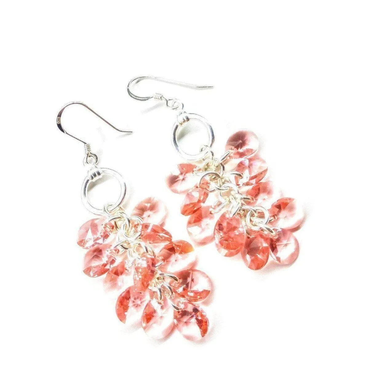 Rose Peach Crystal Sterling Silver Cluster Earrings
