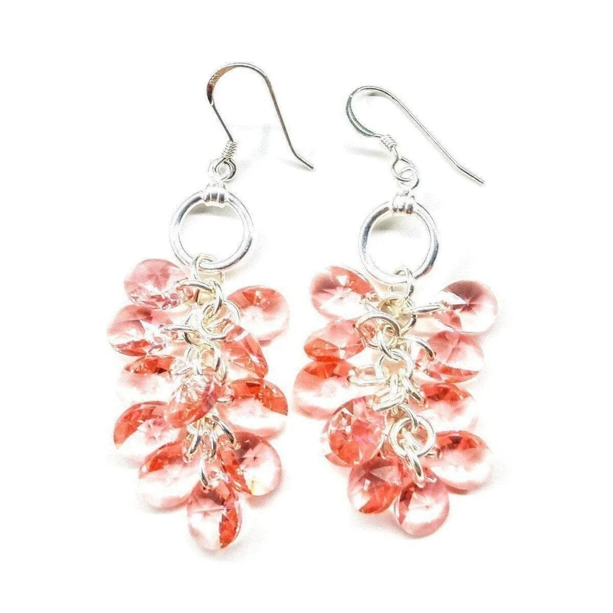 Rose Peach Crystal Sterling Silver Cluster Earrings