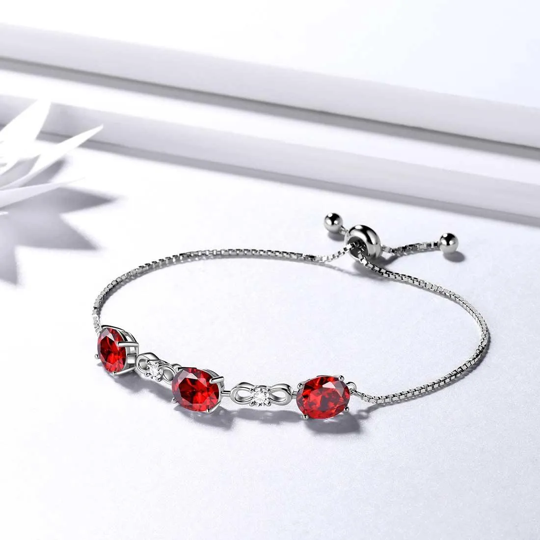 Round Birthstone January Garnet Bracelet Women Girls Jewelry Birthday Gift Sterling Silver