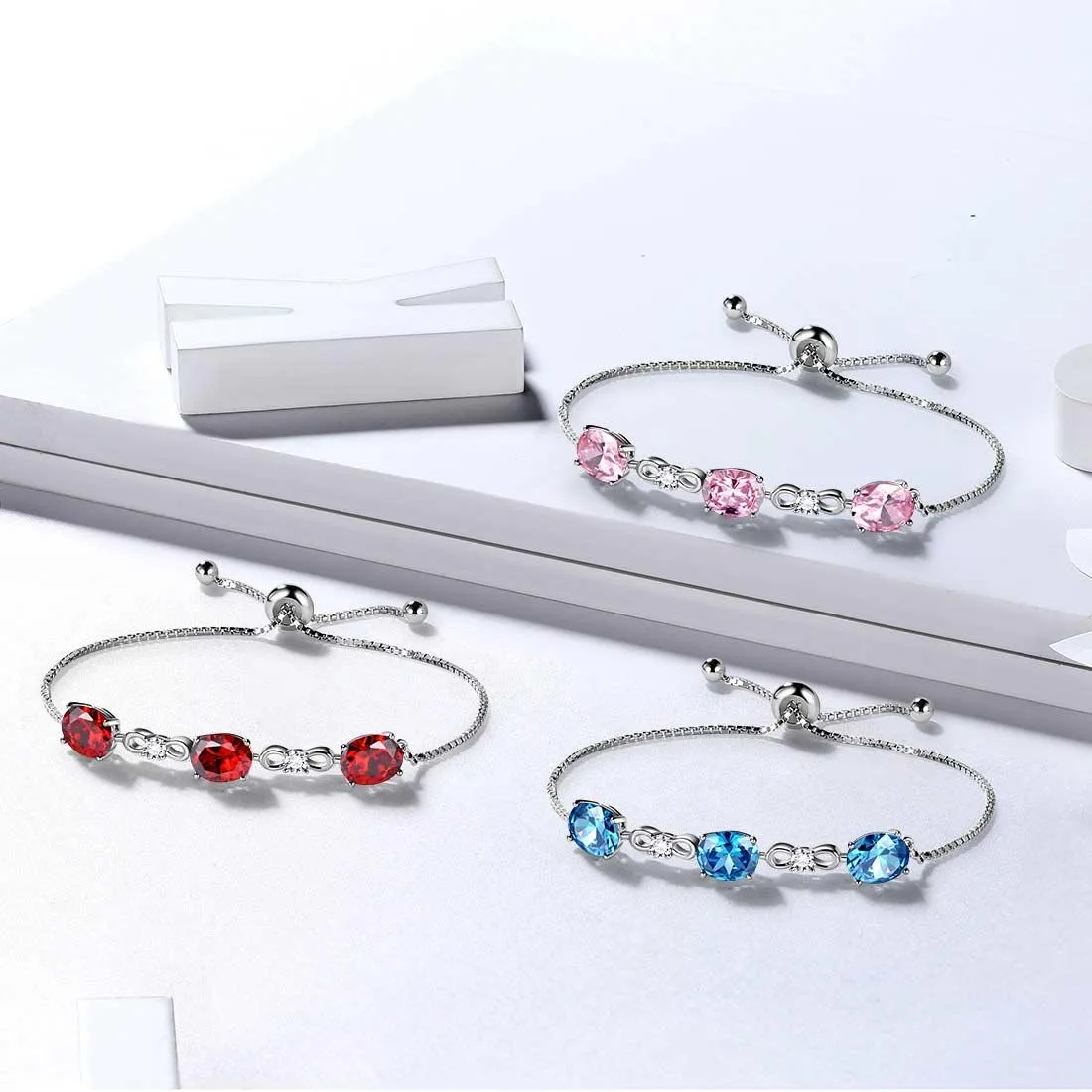 Round Birthstone January Garnet Bracelet Women Girls Jewelry Birthday Gift Sterling Silver