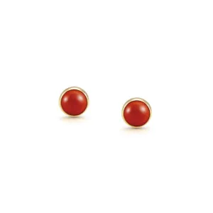 Round Cab Stone YG Stud Earrings Red Coral