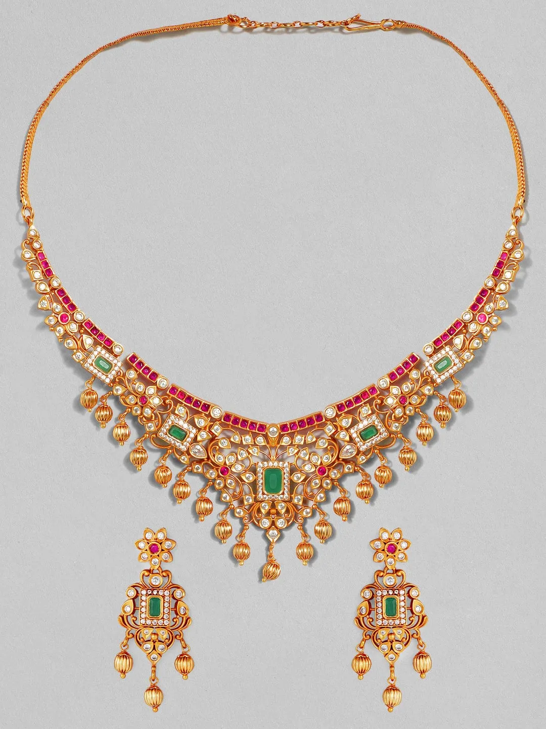 Rubans 22K Gold Plated Handcrafted Faux Ruby Stone with Gold Beads Traditional Necklace Set