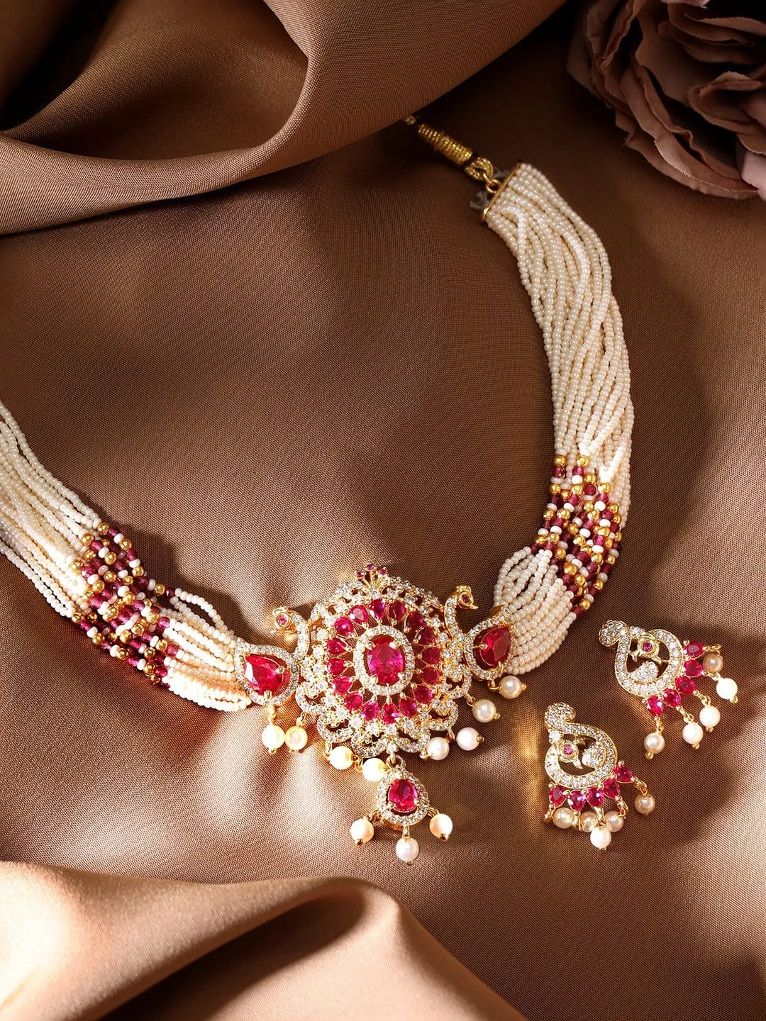 Rubans 22K Gold Plated Ruby Zircon Pearl Beaded Peacock Choker Set