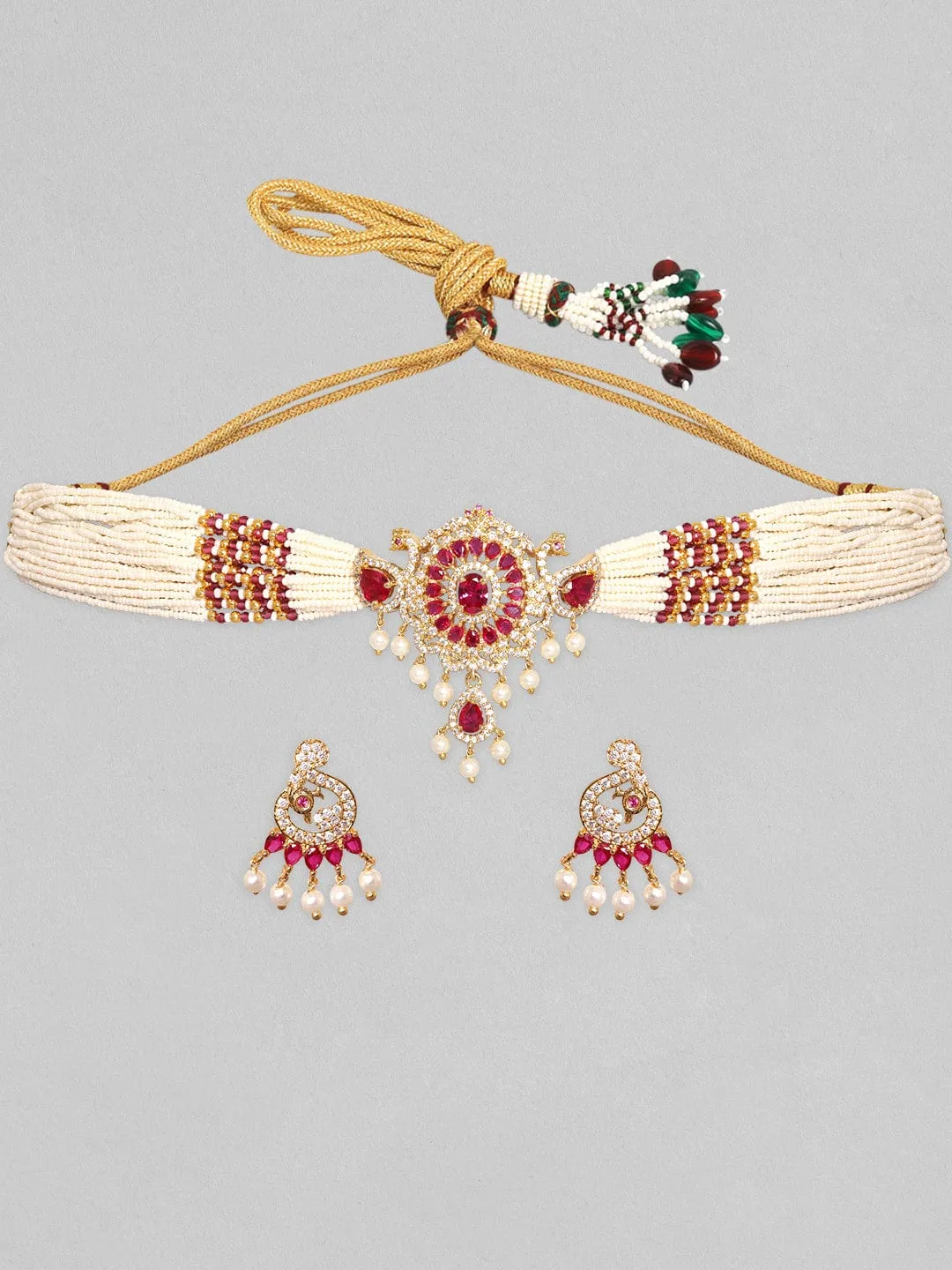 Rubans 22K Gold Plated Ruby Zircon Pearl Beaded Peacock Choker Set