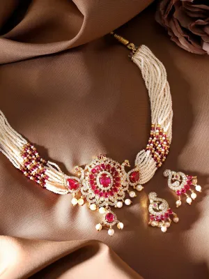 Rubans 22K Gold Plated Ruby Zircon Pearl Beaded Peacock Choker Set