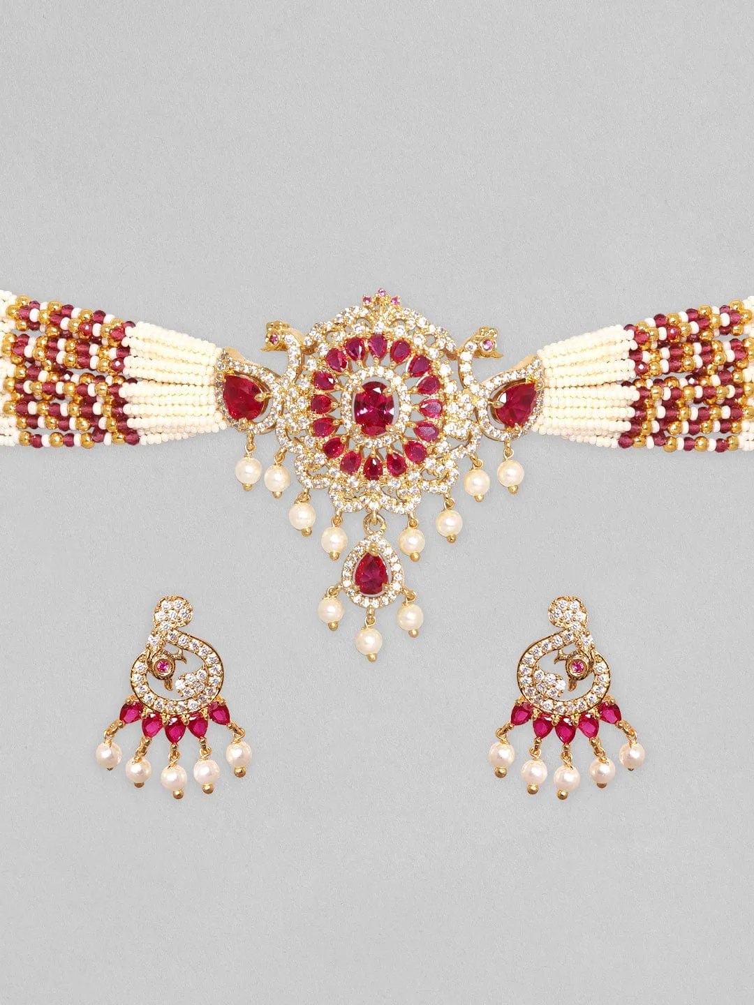 Rubans 22K Gold Plated Ruby Zircon Pearl Beaded Peacock Choker Set