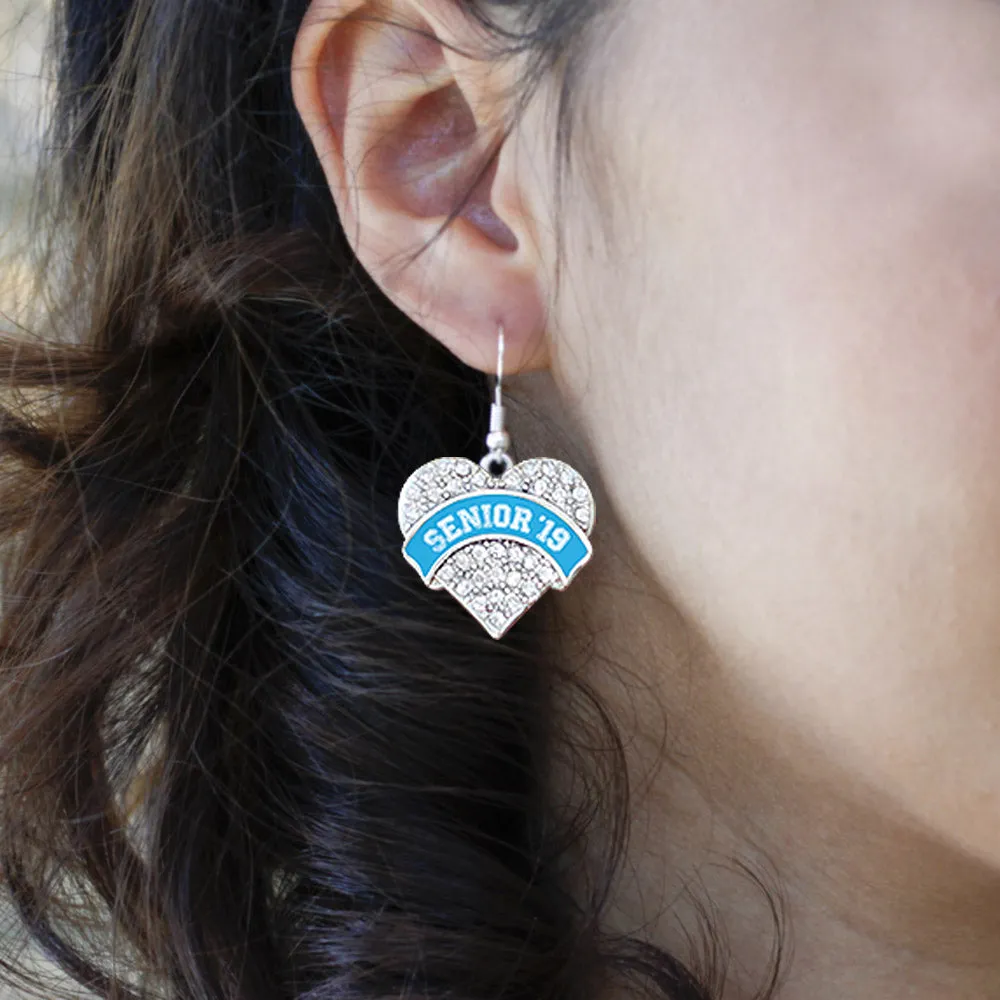 Silver Blue Senior 2019 Pave Heart Charm Dangle Earrings