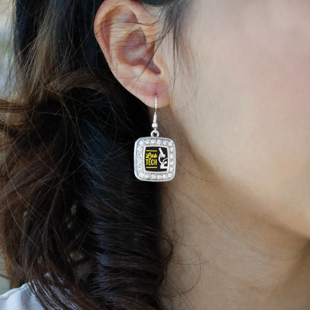 Silver Lab Technician Square Charm Dangle Earrings
