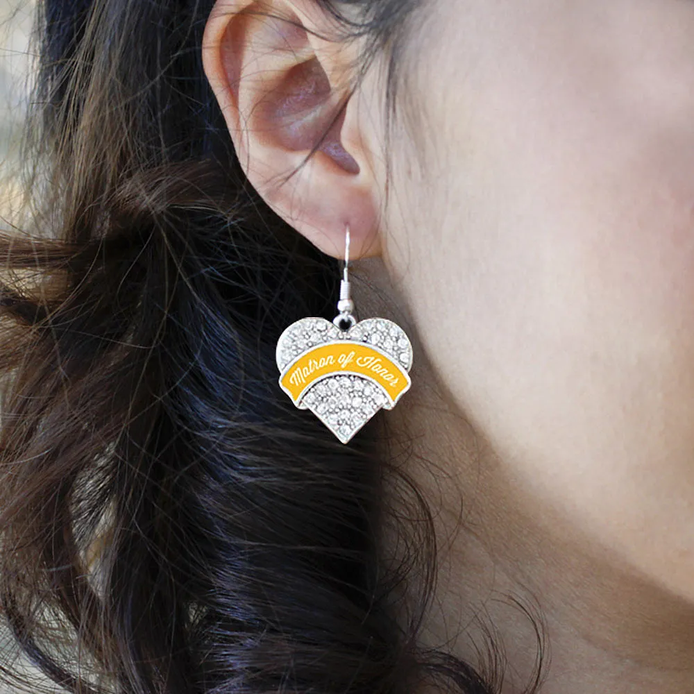 Silver Marigold Matron Pave Heart Charm Dangle Earrings