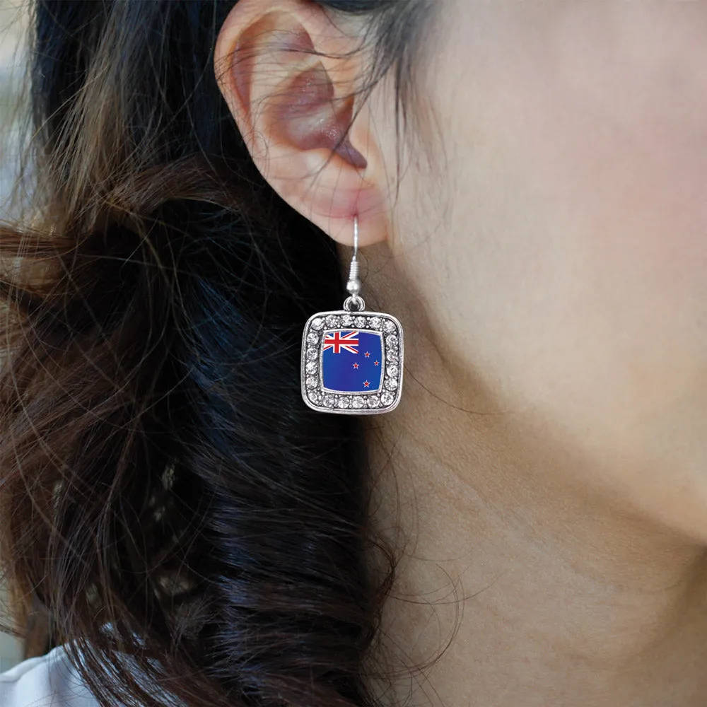 Silver New Zealand Flag Square Charm Dangle Earrings
