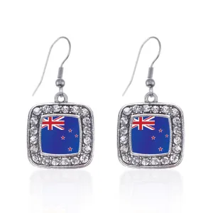 Silver New Zealand Flag Square Charm Dangle Earrings