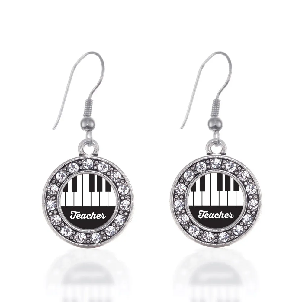 Silver Piano Teacher Circle Charm Dangle Earrings