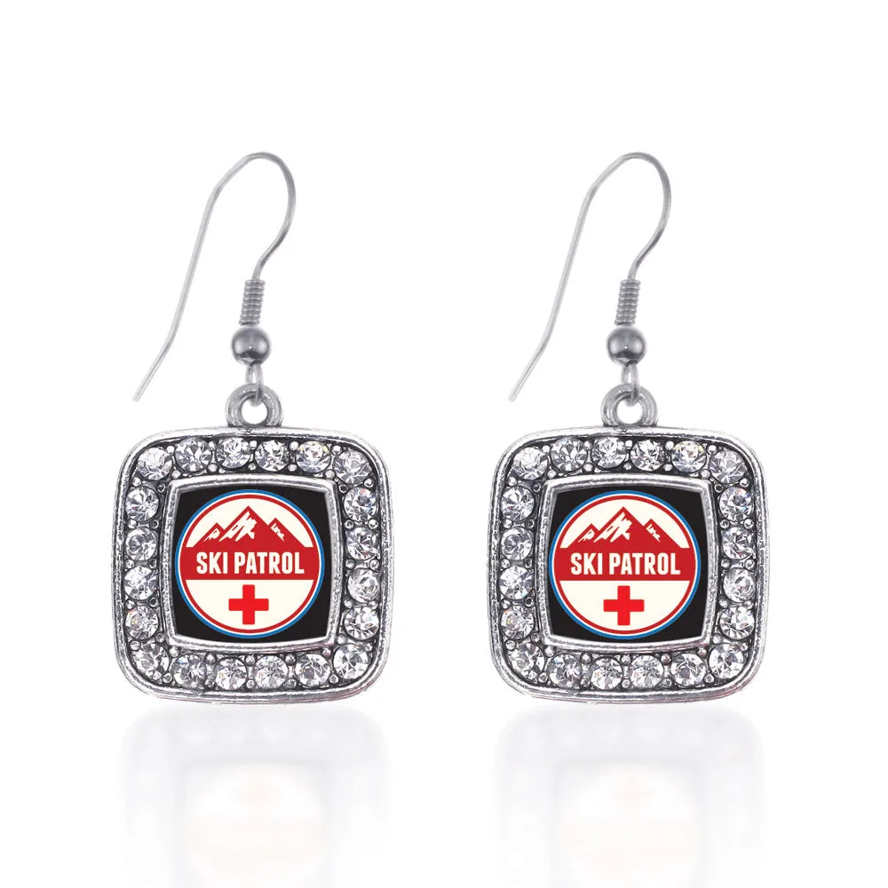 Silver Ski Patrol Square Charm Dangle Earrings