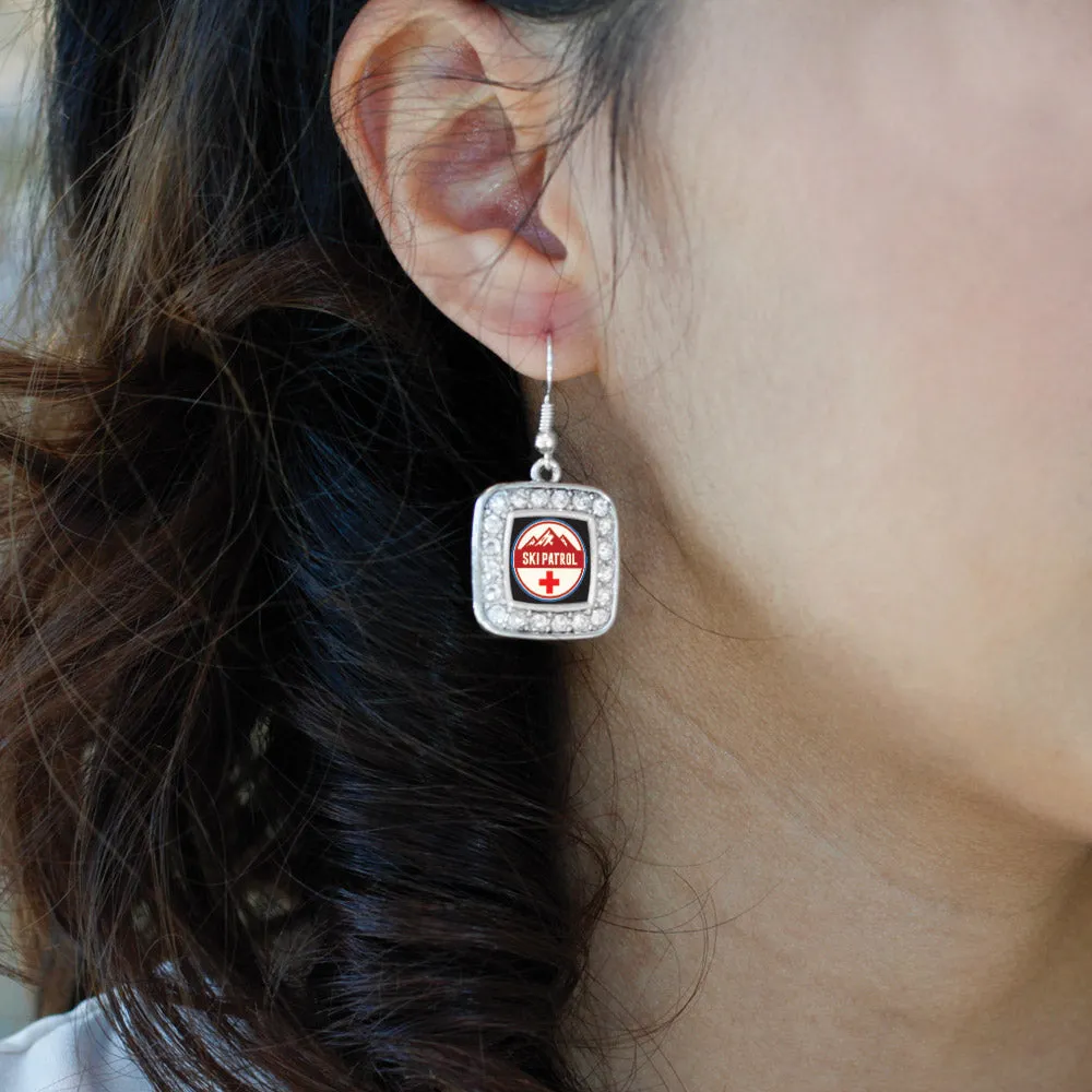 Silver Ski Patrol Square Charm Dangle Earrings