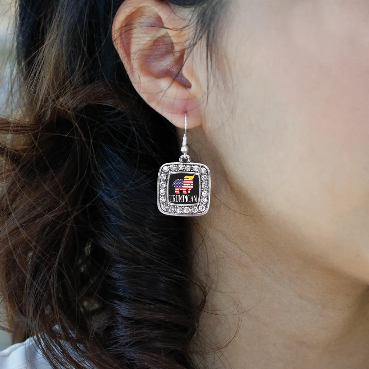 Silver Trumpican Square Charm Dangle Earrings
