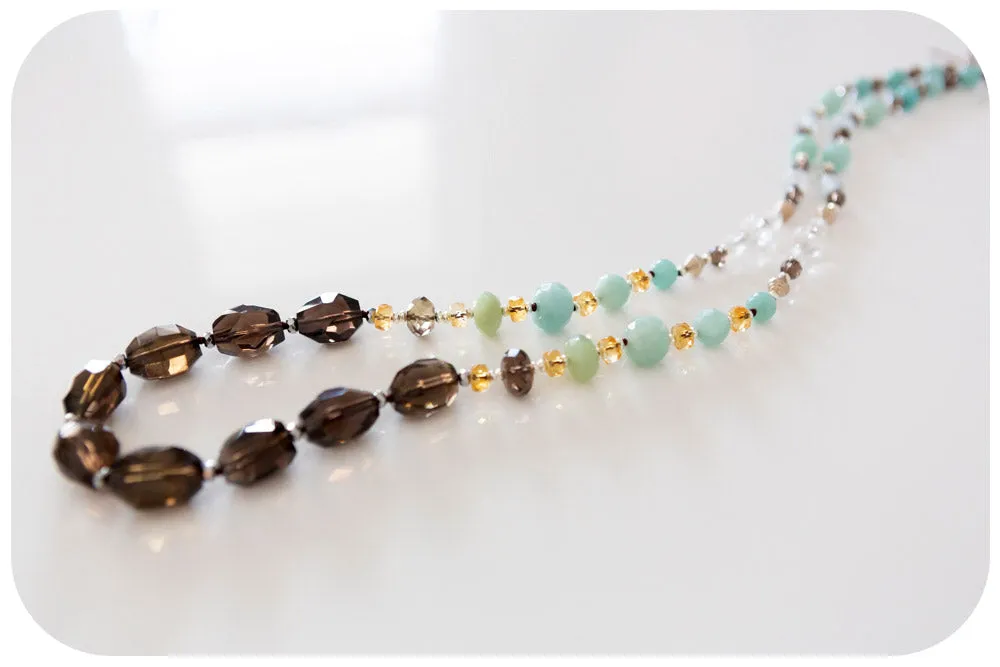Smoky Quartz, Amazonite, Citrine and Rock Crystal Necklace - 90cm