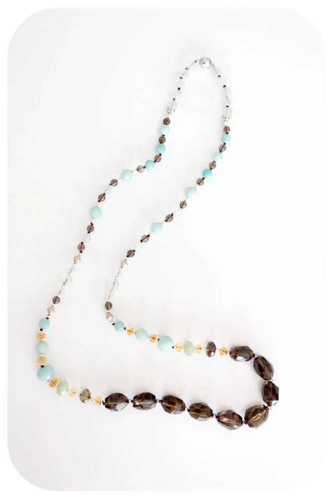 Smoky Quartz, Amazonite, Citrine and Rock Crystal Necklace - 90cm