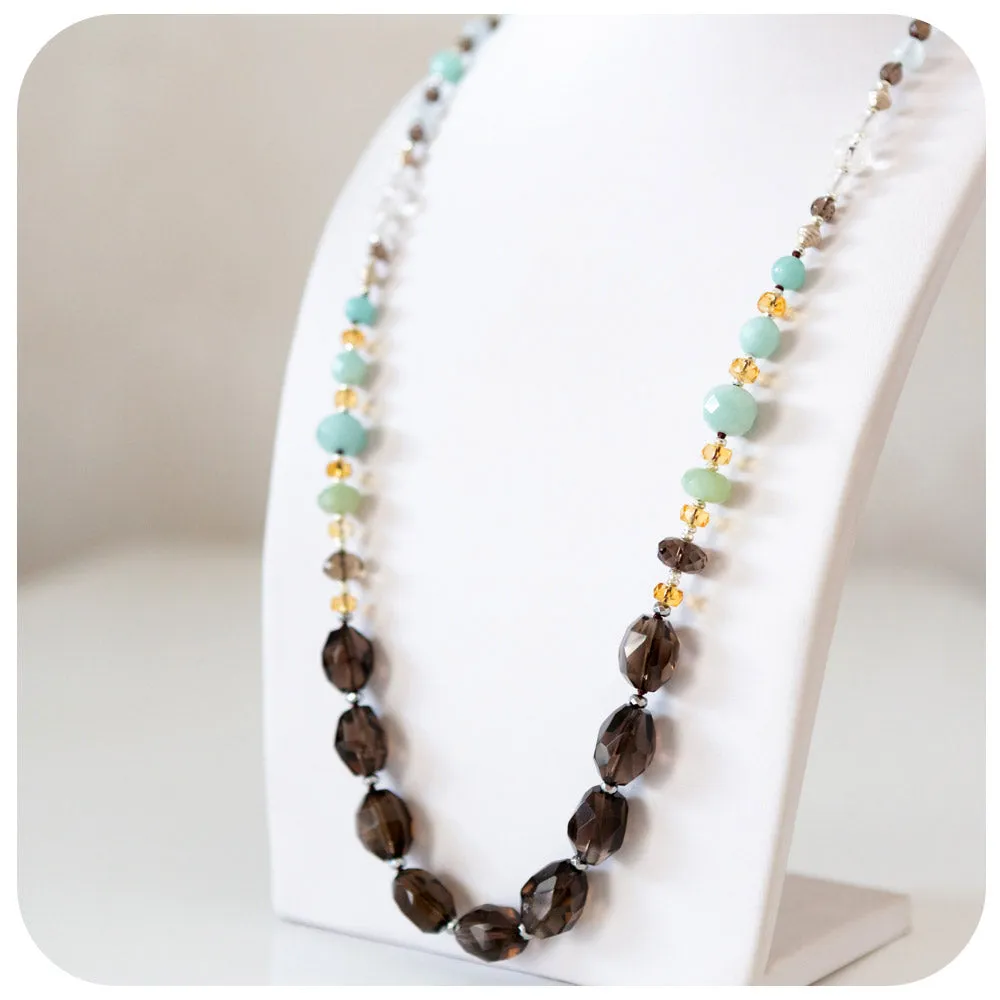 Smoky Quartz, Amazonite, Citrine and Rock Crystal Necklace - 90cm