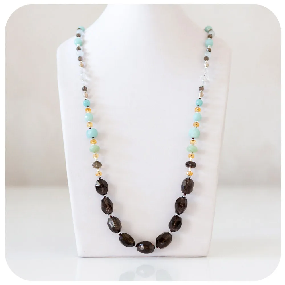 Smoky Quartz, Amazonite, Citrine and Rock Crystal Necklace - 90cm