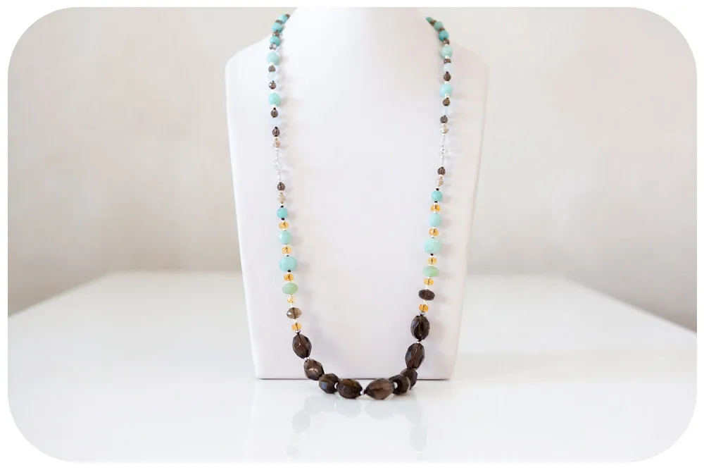 Smoky Quartz, Amazonite, Citrine and Rock Crystal Necklace - 90cm