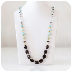 Smoky Quartz, Amazonite, Citrine and Rock Crystal Necklace - 90cm