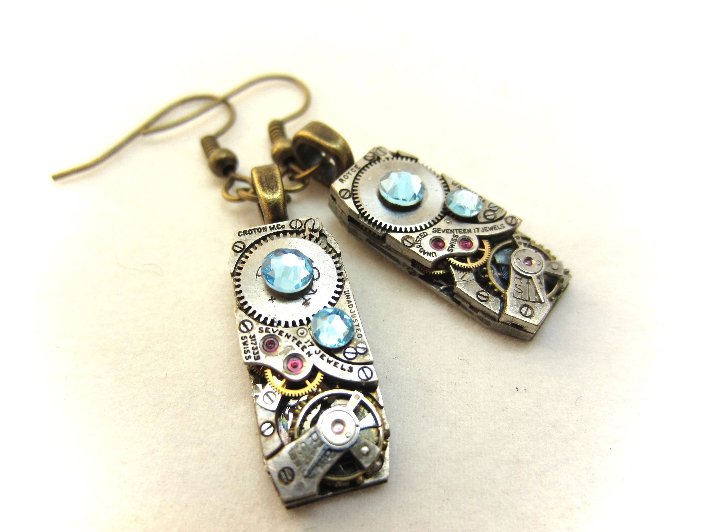 Steampunk Jewelry - Aquamarine - March Birthstone - Drop - Dangle - Steampunk Earrings - Repurposed art
