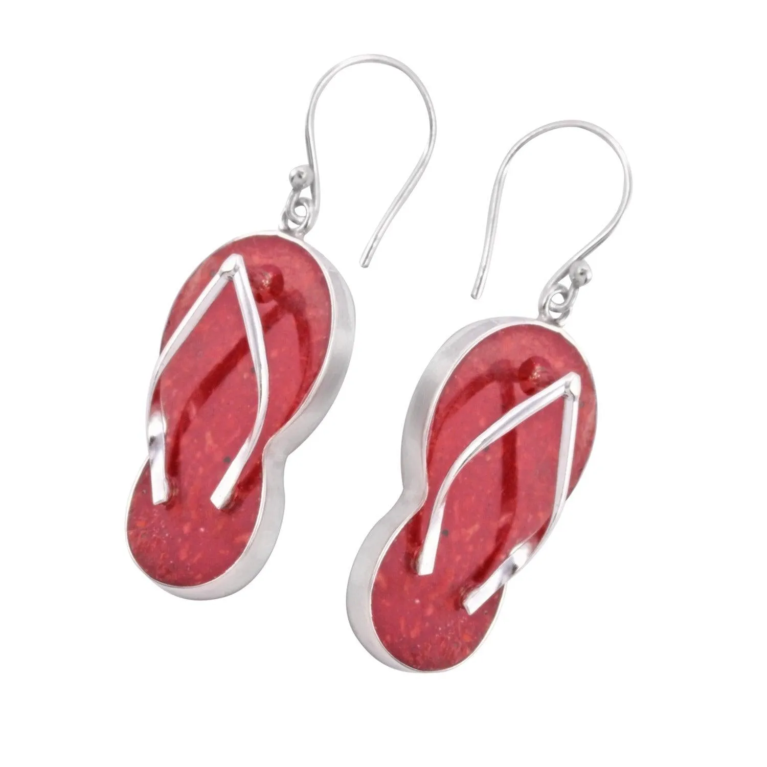 Sterling Silver RED CORAL Slipper Flip Flop Earrings