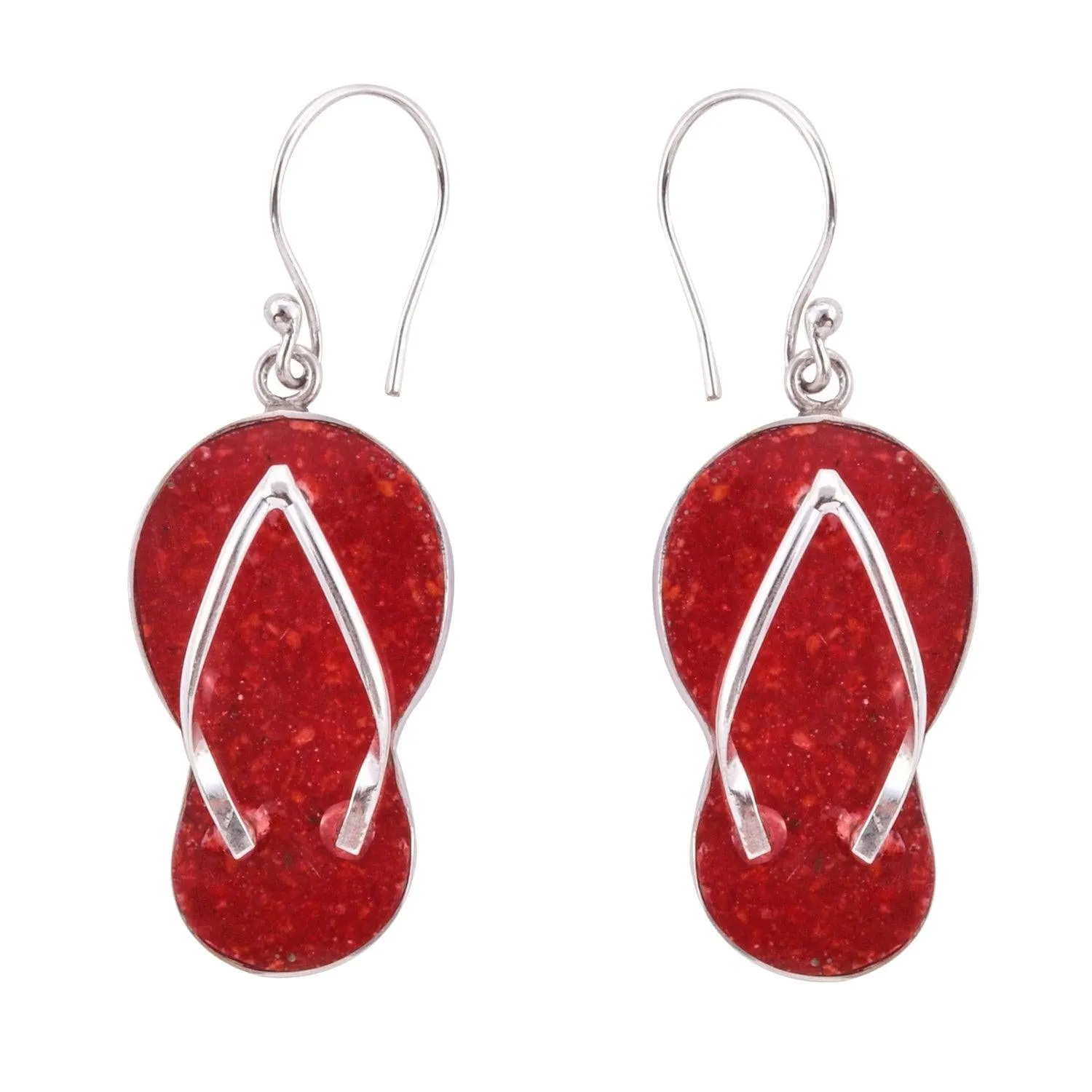 Sterling Silver RED CORAL Slipper Flip Flop Earrings