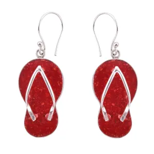 Sterling Silver RED CORAL Slipper Flip Flop Earrings