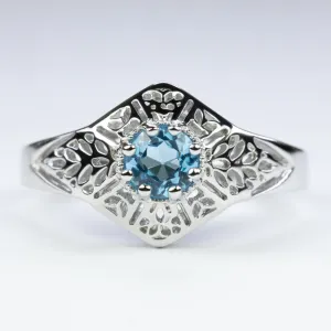 SWISS BLUE TOPAZ STERLING SILVER RING VINTAGE STYLE FILIGREE GEMSTONE ART DECO