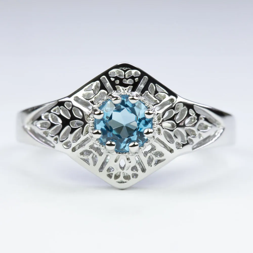 SWISS BLUE TOPAZ STERLING SILVER RING VINTAGE STYLE FILIGREE GEMSTONE ART DECO