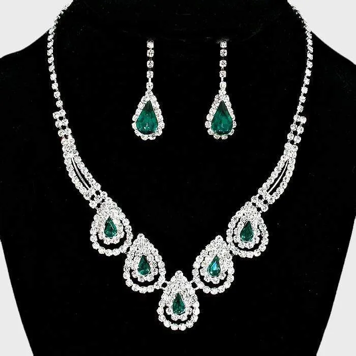 Teardrop Clear/Silver/Emerald Color  Accented Rhinestone Necklace with Matching Earrings