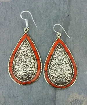 Traditional Tibetan Earrings Hand Carved with Sherpa Coral