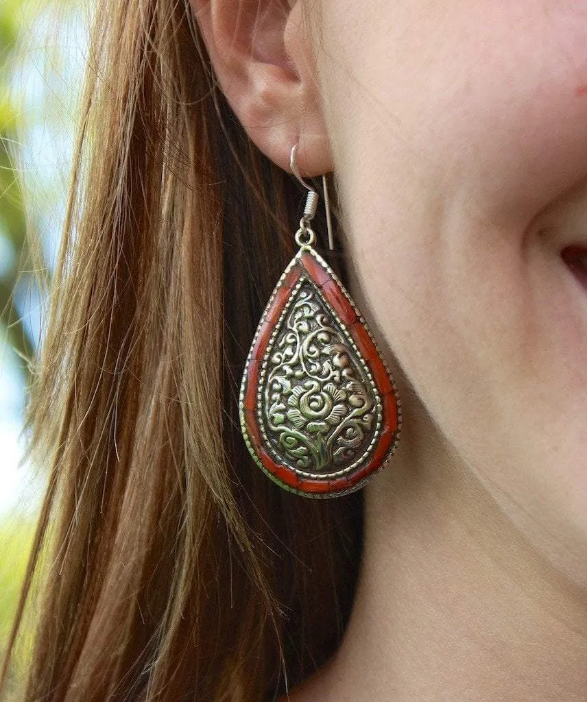 Traditional Tibetan Earrings Hand Carved with Sherpa Coral