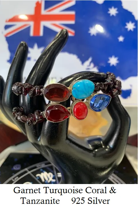 Turquoise, Garnet, Tanzanite & Red Coral set in 925 Silver with Garnet double strand Beaded Bracelet