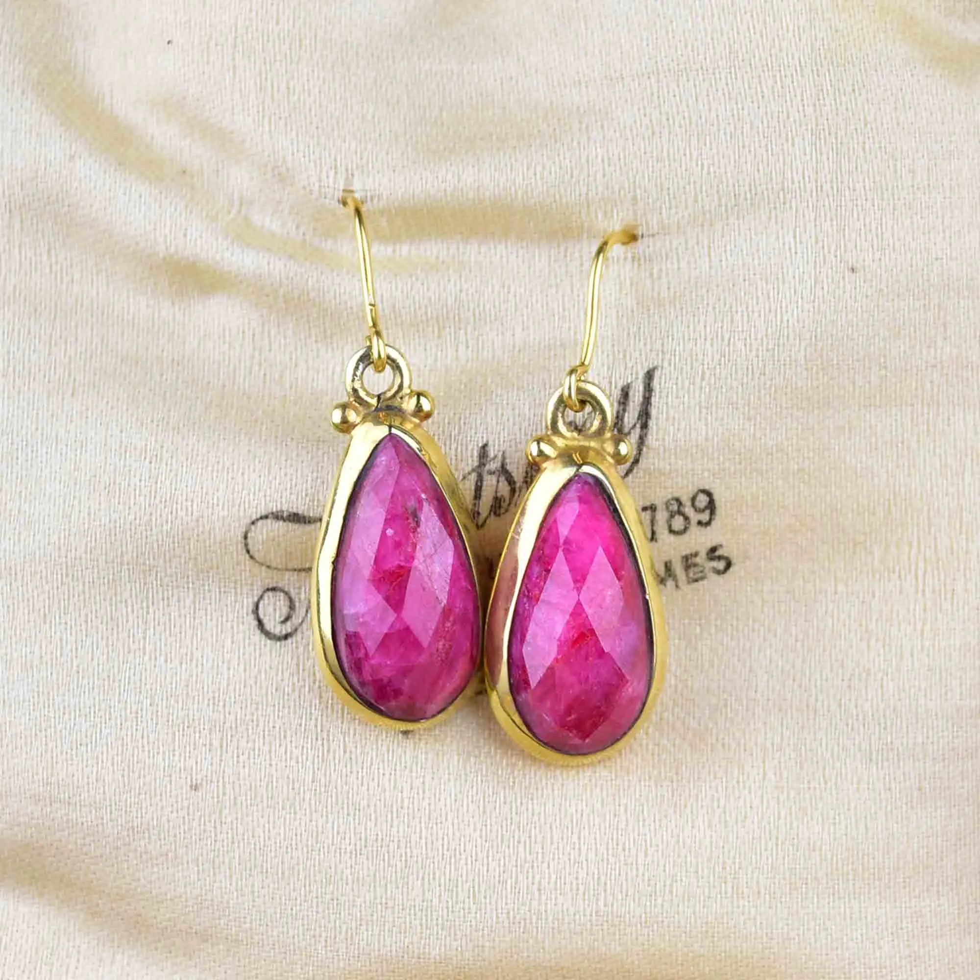 Vintage Gold Faceted Ruby Drop Earrings