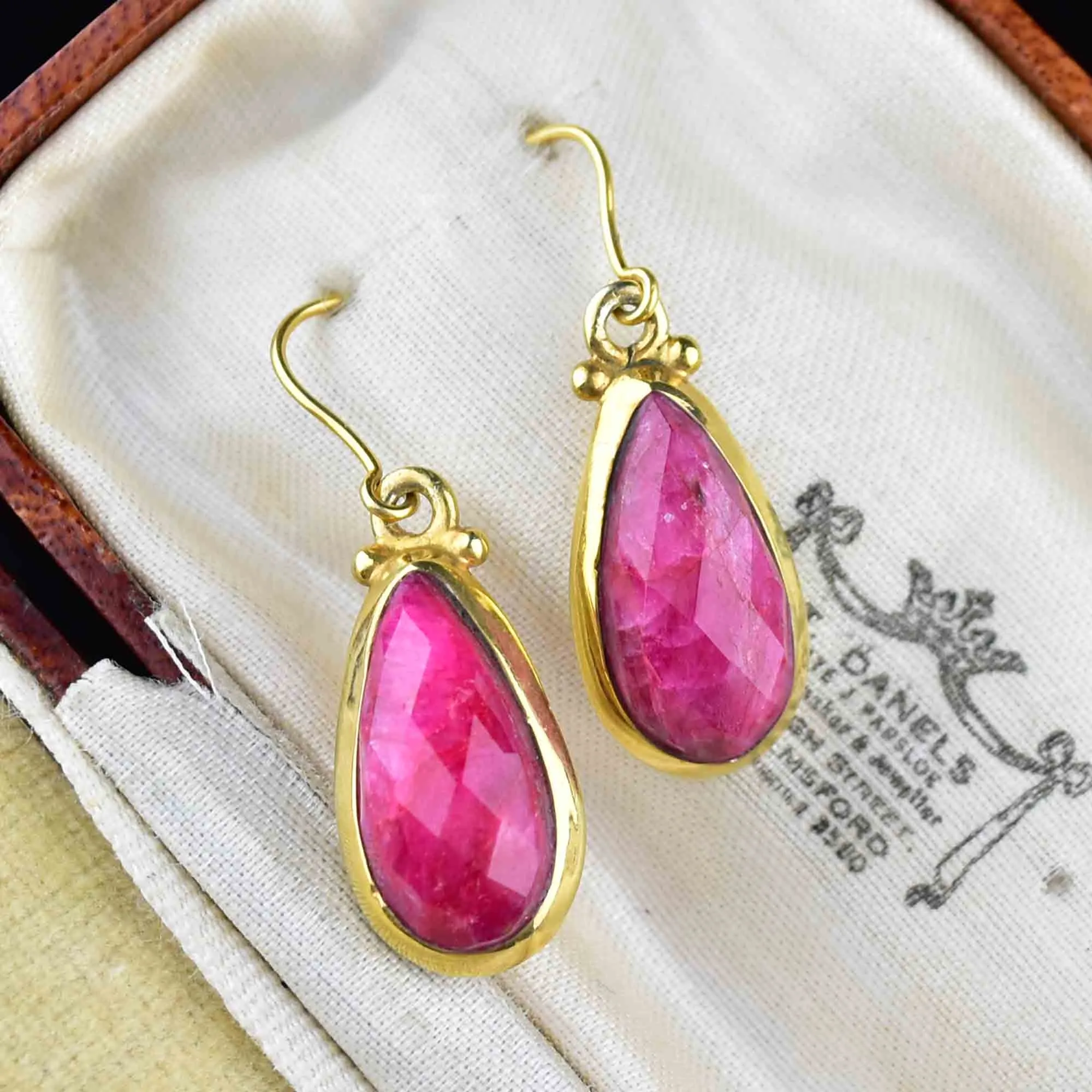 Vintage Gold Faceted Ruby Drop Earrings