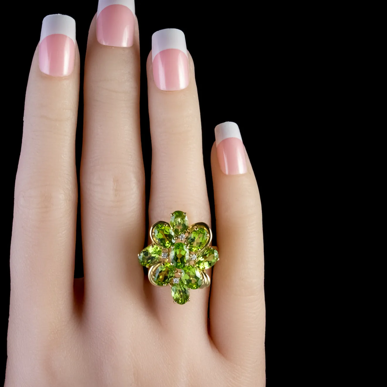 Vintage Peridot Diamond Cluster Ring 14Ct Gold Circa 1960